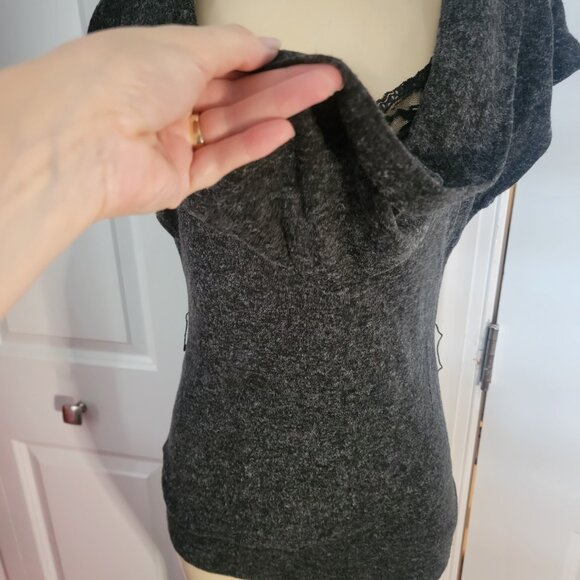 Almost Famous Women's Grey Cowl Neck Lace Insert Short Sleeve Sweater - Picture 6 of 13